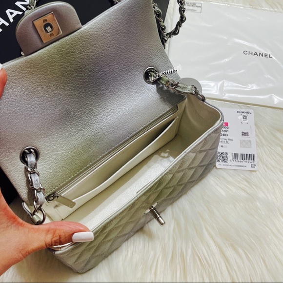 {CHANEL} Metallic Goatskin Quilted Mini Rectangular Flap Grey Green - Picture 9 of 10